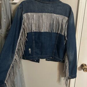 Red camel Jean jacket with sparkly fringe- handmade. Size L